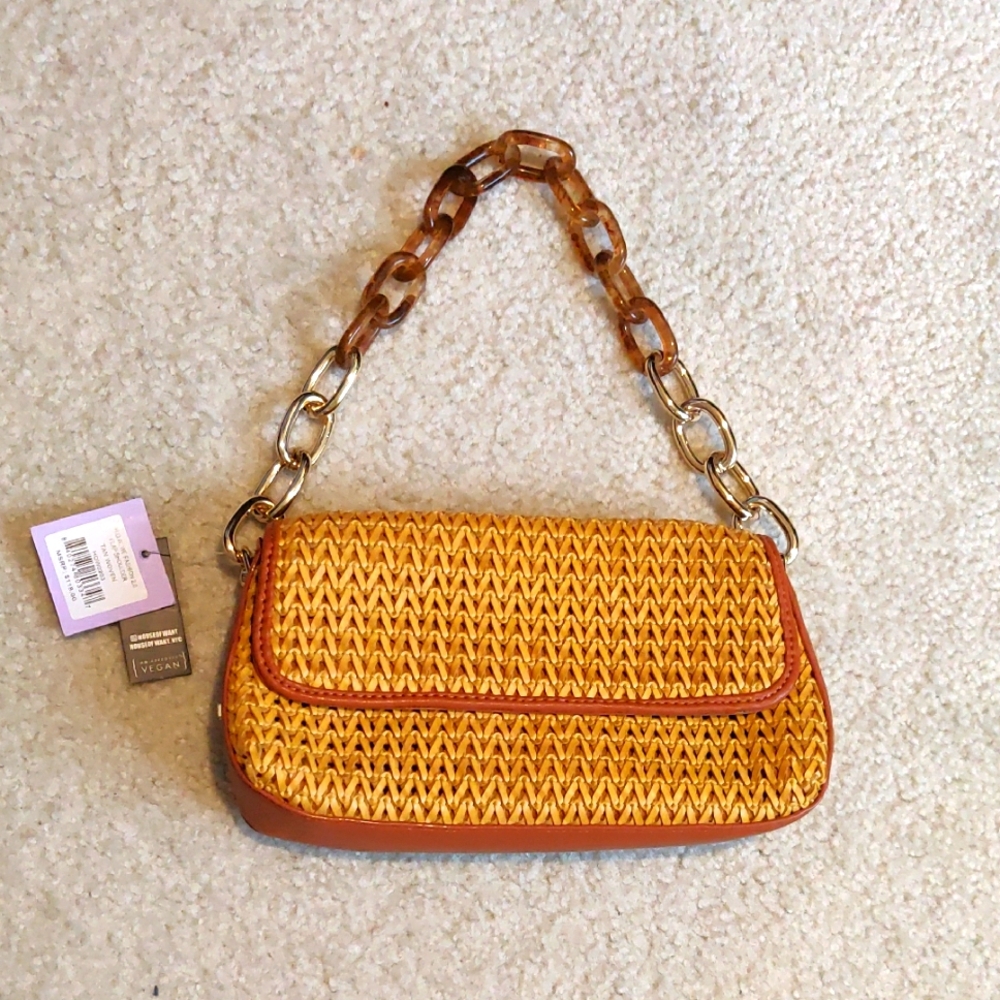 H.O.W We Fashion Tan Brown Flap Shoulder Vegan Leather Woven Bag Coastal Beachy